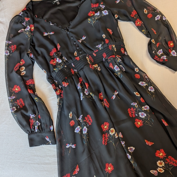 Express Black Dress with Red and Purple Floral Design - Picture 1 of 11